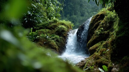 A waterfall is surrounded by lush green plants and trees