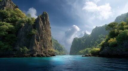 Obraz premium A beautiful mountain range with a blue river running through it