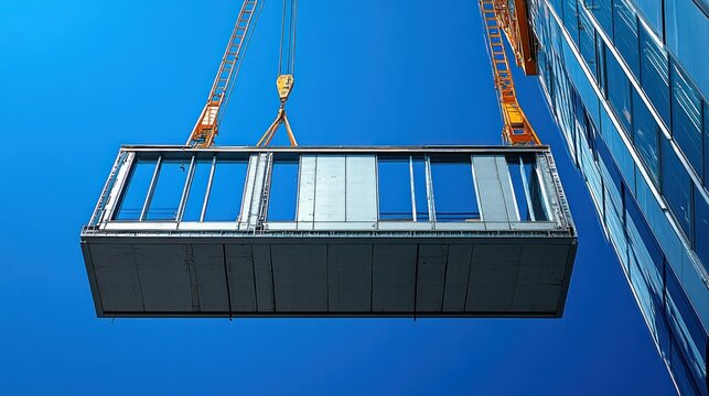 Modular building section hoisted by crane