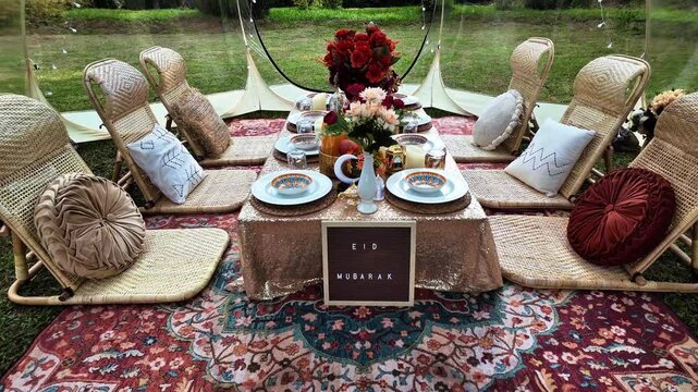 table setting for a dinner picnic in the garden. Dates.Ramadan Feast Celebrations, Eid Mubarak Concept Video