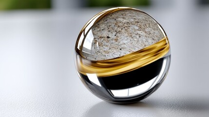 Elegant marble sphere with golden band and textured surface reflecting soft ambient light