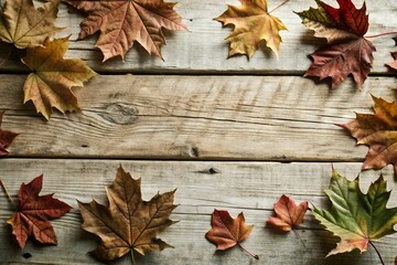 Autumn Leaves on Rustic Wooden Background Fall Photography