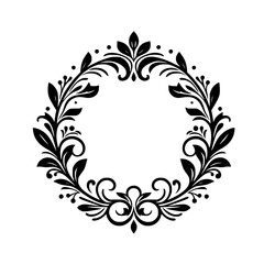 Elegant Black Floral Wreath Frame on White Background