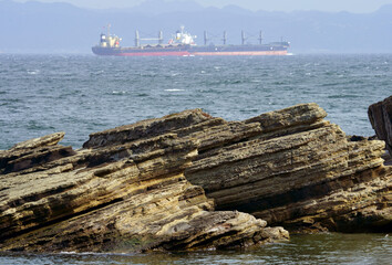 観音崎公園の岩場と浦賀水道を行き交う船
