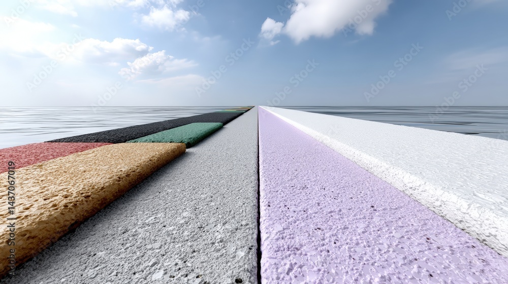 Poster abstract landscape with colorful textured strips extending into the calm ocean horizon