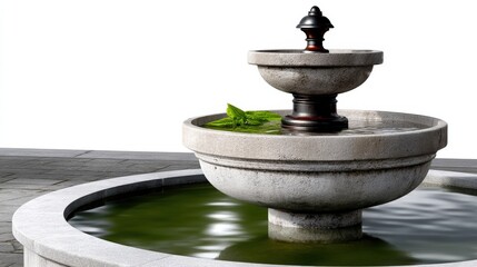 Elegant Stone Fountain with Calm Water and Decorative Leaf Accents in a Serene Outdoor Setting