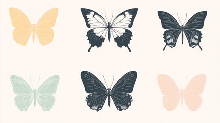 Six pastel butterflies, nature, graphic design, illustration, background