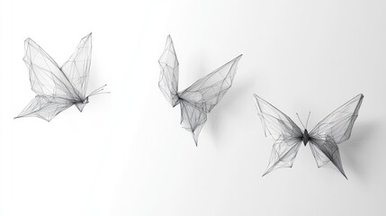 Obraz premium Three wireframe butterflies flying, white background, nature design, graphic art