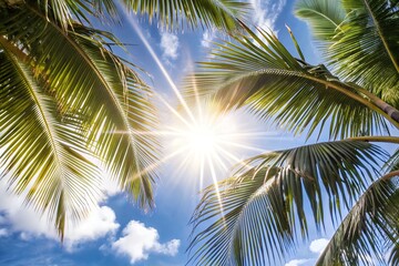 Fototapeta premium Vibrant Tropical Summer Background Palm Leaves and Sunshine