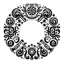 Ornate Black and White Candy Wreath: Decorative Swirls and Sweets