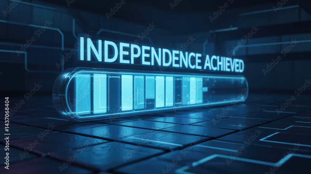Poster independence achieved concept with agentic ai progress bar glowing in futuristic digital environment