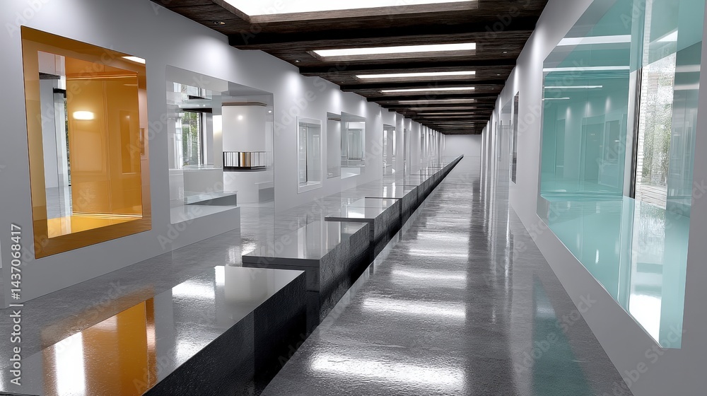 Poster modern art gallery with minimalist design and unique display cases in contemporary space
