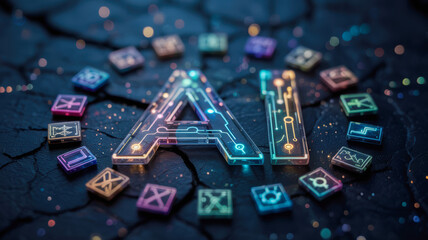 Obraz premium Agentic AI concept with futuristic technology and digital circuit symbols glowing on dark cracked surface
