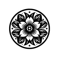 Black and White Floral Mandala with Stars, Minimalist Design