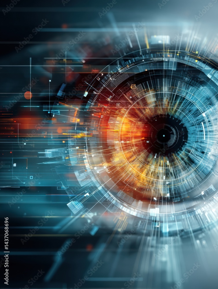 Aufkleber futuristic cybernetic eye scanning the digital horizon in a neon-lit environment with advanced techn