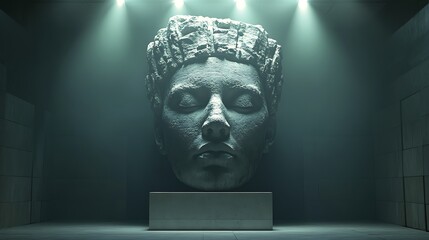 Gray stone head sculpture exhibit