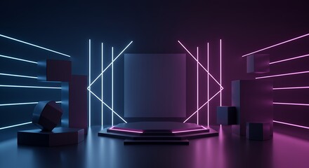 Immerse yourself D render abstract minimal geometric featuring glowing neon lines ideal stage laser show illumination showcasing blank rectangular shapes square frames within virtual reality setting