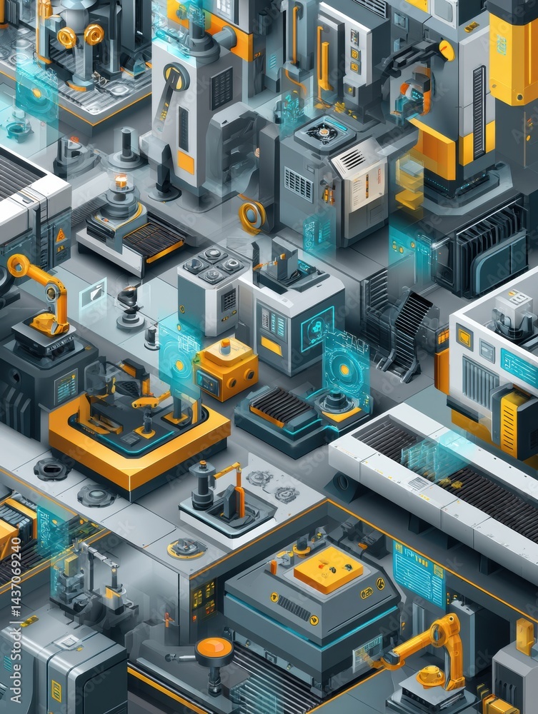 Fototapete futuristic isometric factory featuring advanced robotic automation systems and innovative technology
