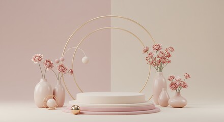 Visualize D podium display featuring soft pastel pink beige adorned delicate flowers decorative vases minimal pedestal ideal showcasing beauty products feminine fashion offering ample copy space
