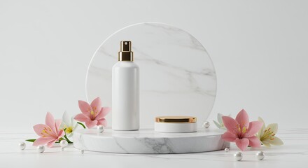 Behold pristine white marble podium elegantly presented clean white adorned delicate pearls flowers ideal podium sophisticated product cosmetic presentations