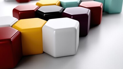 Obraz premium Colorful Hexagonal Shapes Arranged on a Clean Surface for Creative Background or Design