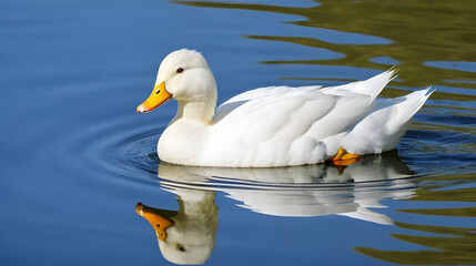 White duck swimming refected in water