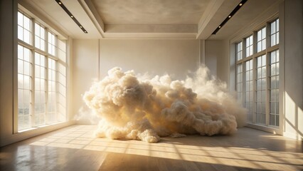 A fluffy cloud formation fills a sunlit minimalist room with large windows