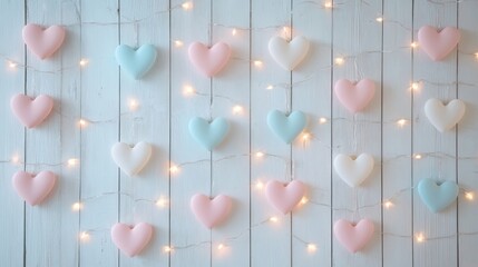 Fototapeta premium pastel heart garland on white wooden wall