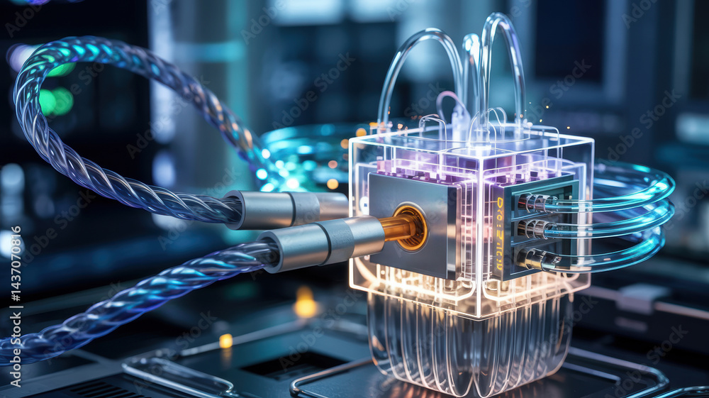 Poster agentic ai technology concept with futuristic quantum computer and glowing cables in high tech envir
