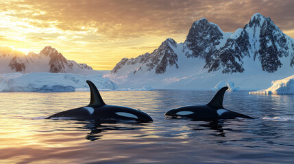 Fototapeta premium Orcas swimming gracefully in icy waters, surrounded by majestic mountains and stunning sunset, evoke sense of tranquility and wonder