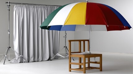 Fototapeta premium Colorful beach umbrella and simple wooden chair in a studio with gray backdrop and lighting equipment