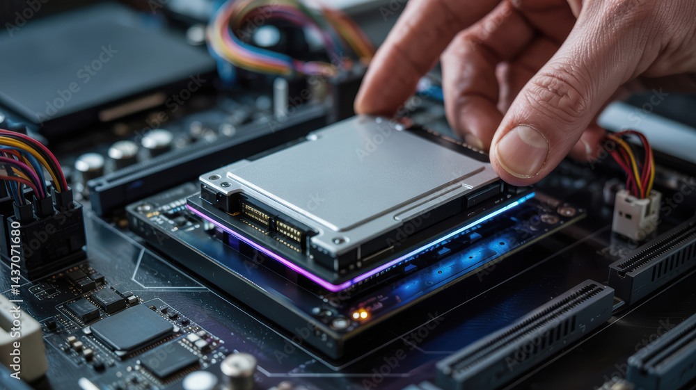Poster agentic hand installing ai solid state drive on computer motherboard with electronic components and 