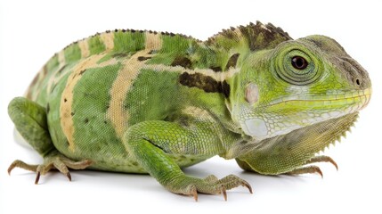 Fototapeta premium Bright Green Iguana with Striped Patterns on a White Background in a Studio Setting