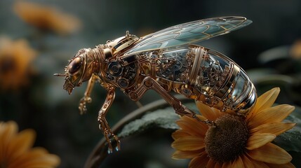 Fototapeta premium Mechanical Bee Landing on Sunflower with Intricate Gold and Glass Details