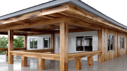 Modern wooden structure with spacious patio area and large windows illuminated by natural light