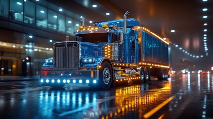 Naklejka premium Night city truck on wet road