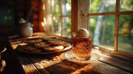 レトログラスに注がれたアイスクリームソーダと焼き立てクッキー｜窓辺から差す柔らかな光が映える、おしゃれなカフェ風スイーツの静物イラスト