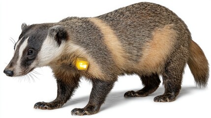 Naklejka premium Adorable Badger Walking with Yellow Tracking Device in Natural Habitat