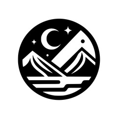 Moonlit Mountainscape in a Circle: Minimalist Icon Design