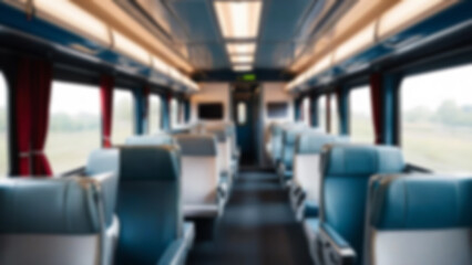 Fototapeta premium blurred train seats, interior inside a passenger train, economy class, with blurred train seats in the background