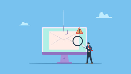 Vector illustration of businessman holding magnifying glass observing email. Preventing cybersecurity threats, email scams, fraud detection and phishing attacks