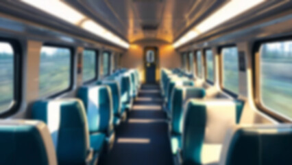 Fototapeta premium blurred train seats, interior inside a passenger train, economy class, with blurred train seats in the background