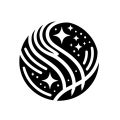 Celestial Waves: Black and White Circle Graphic with Stars