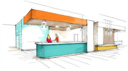 Modern hospitality interior design concept with vibrant colors and stylish bar counter design