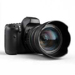 Fototapeta premium Camera with lens closeup still life on white background