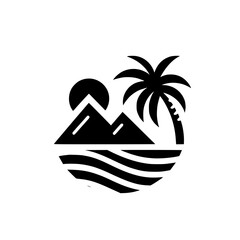 Black & White Tropical Landscape Icon: Mountains, Sun, Palm Tree