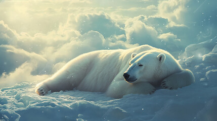 serene polar bear resting on snowy landscape, surrounded by soft light and clouds, evokes sense of tranquility and peace