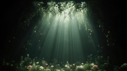 Obraz premium Floral cave, sunlight, ethereal. Lush greenery, soft light, rose petals