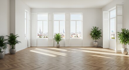 High-resolution interior photography captures bright minimalist room wide panoramic windows parquet floors shutters indoor plants tasteful details ideal as stock image architectural showcases clean