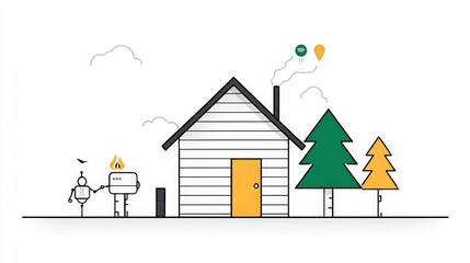 Fototapeta premium Friendly Robot and House with Trees in a Minimalistic Style Illustration for Modern Design